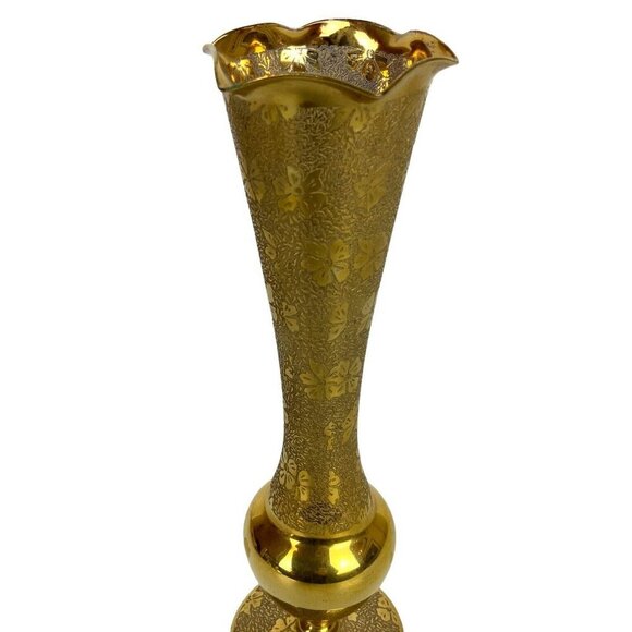 Gold Gilt Plated Etched Glass Bud Vase Floral Design Scalloped Edge Vintage - Picture 2 of 6